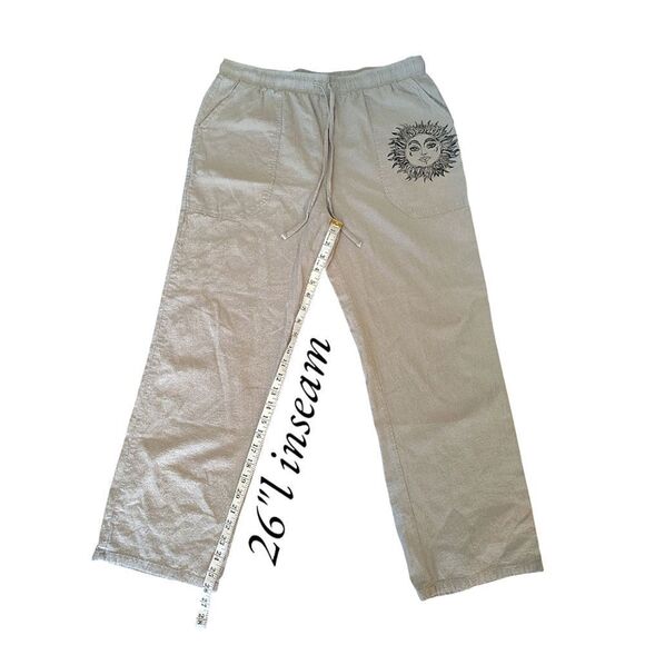 Khaki Sun Print Pull On Cotton Linen Hippie Trouser Pants Size Large - Picture 12 of 14